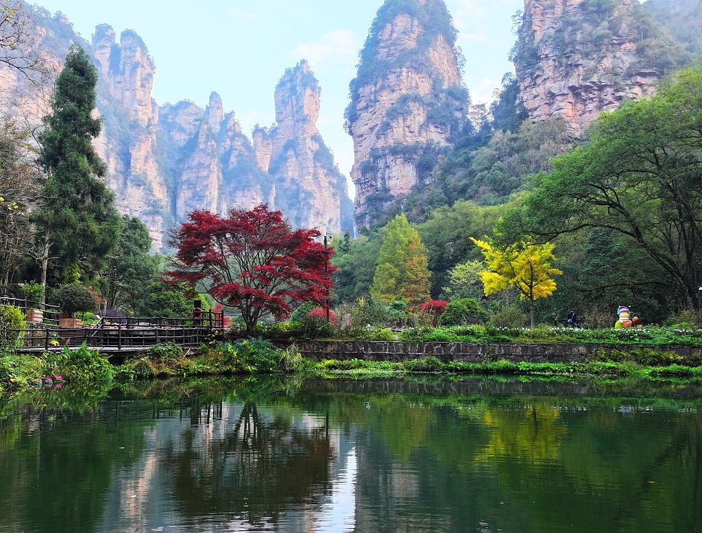 Tourists enjoy the colourful scenery at Zhangjiajie National Forest Park in early winter 