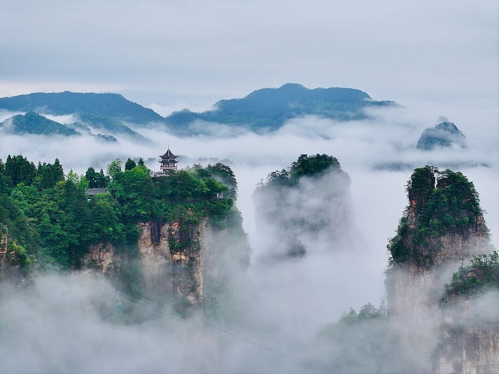Aerial view of cloud-shrouded Zhangjiajie National Forest Park 
