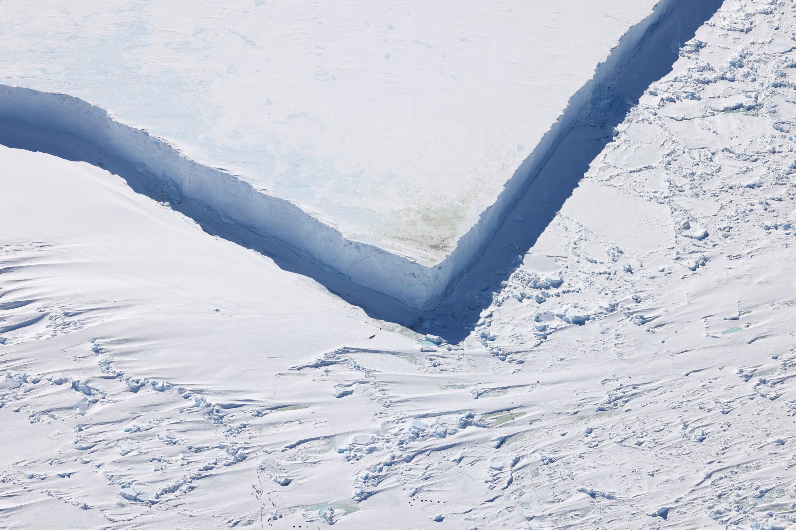 Guano traces left by emperor penguins on top of the iceberg cliff. The cliff is more than 20 metres tall