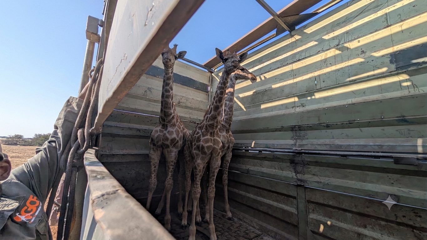 Angolan giraffes in truck