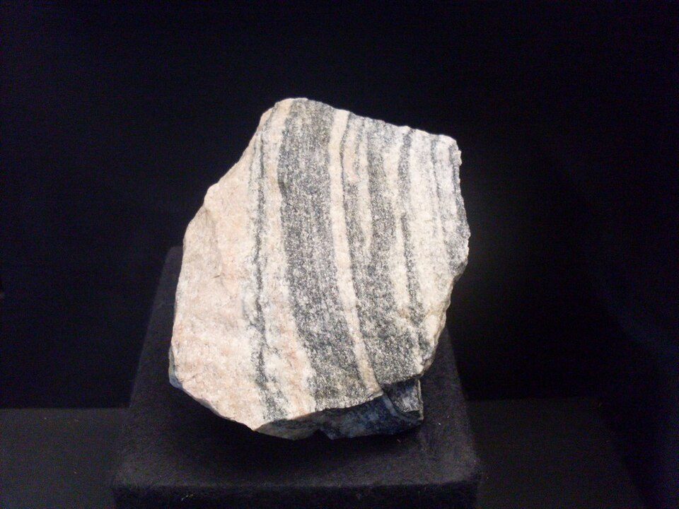 A fragment of the Acasta Gneiss, the oldest known rock outcrop on our planet, exhibition at the Natural History Museum in Vienna