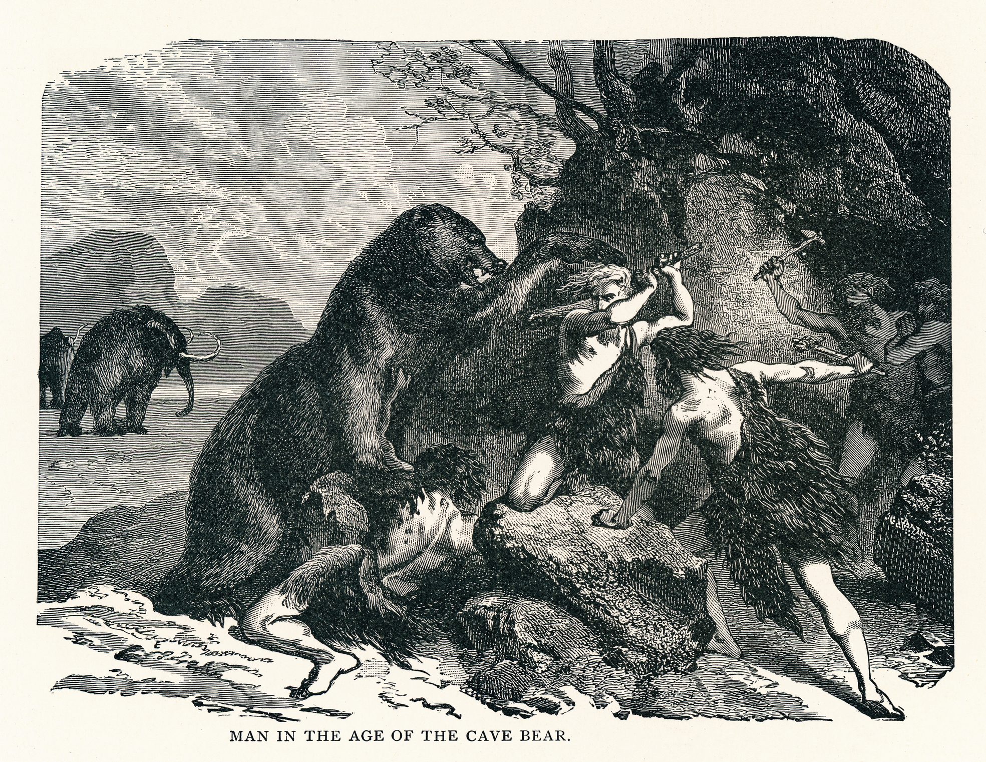 The composition shows armed people at the mouth of a rocky shelter while several bears approach and retreat,