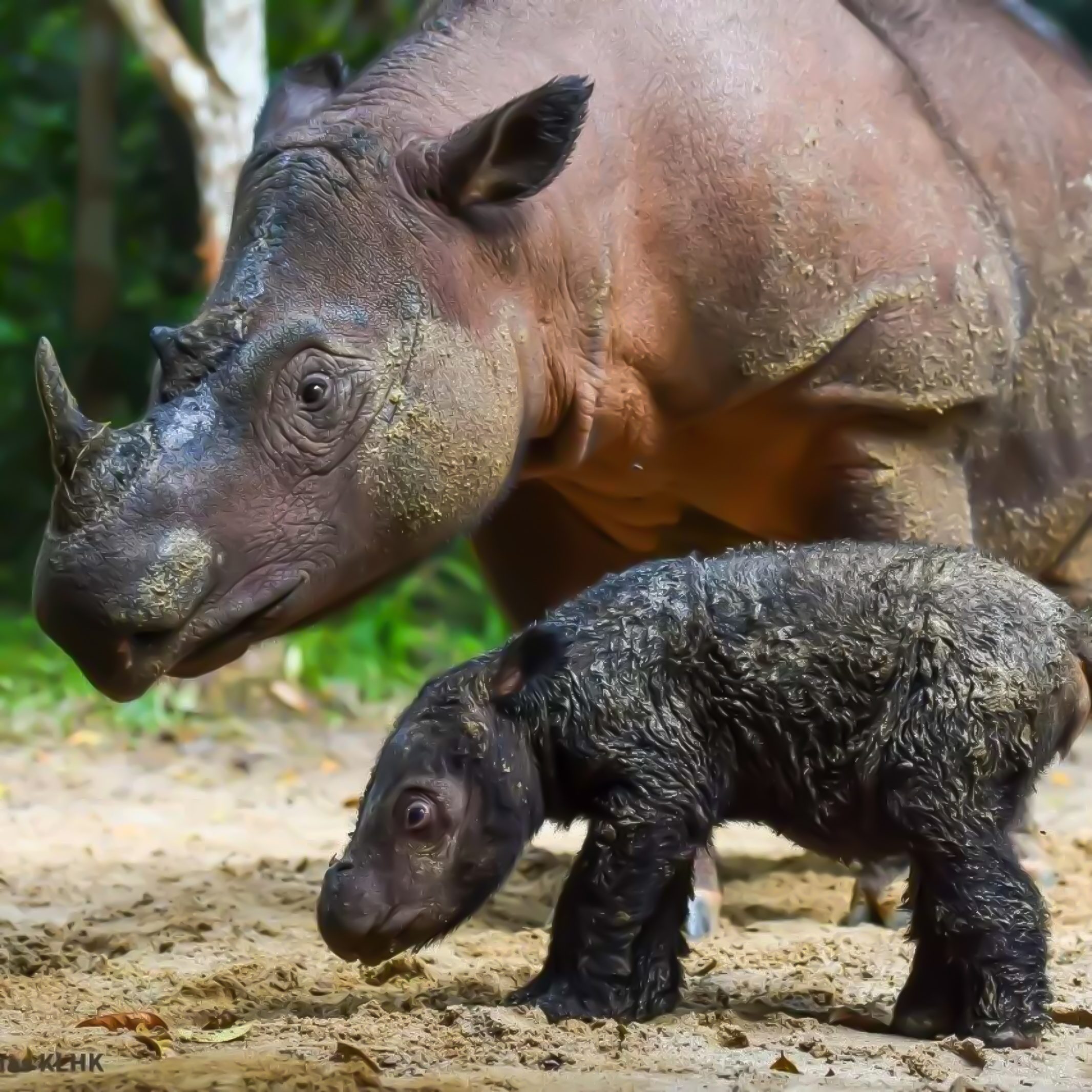 Mother and child of the Sumatran rhino (Dicerorhinus sumatrensis) at the Sumatran Rhino Sanctuary.