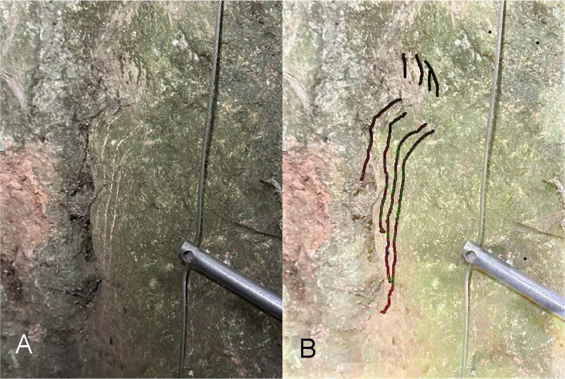 Bear scratches on the vertical entrance of the Arkoudotripa Cave in Macedonia, Greece